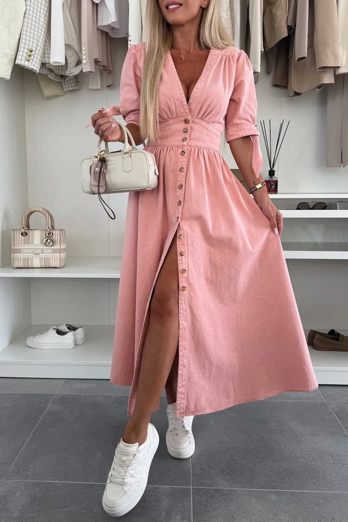 Arolora V-neck Single-breasted Denim Dress