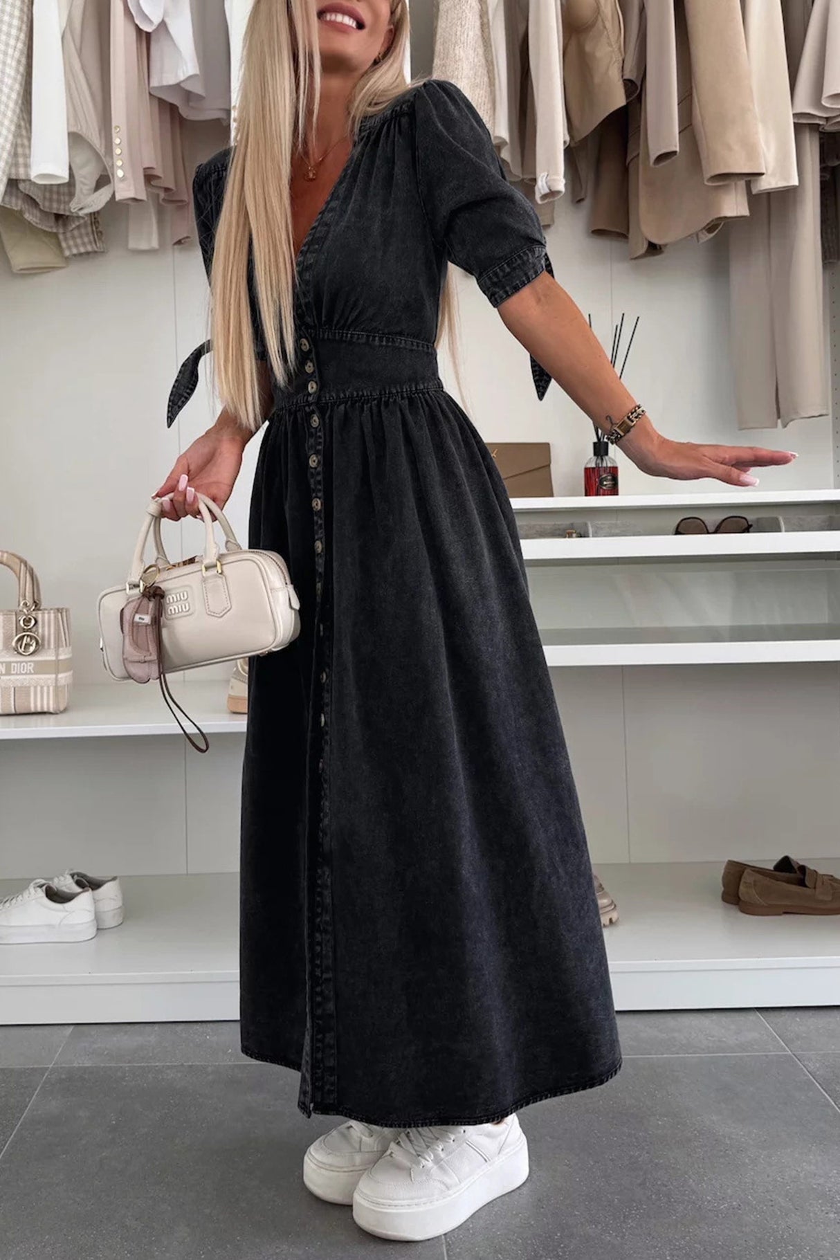 Arolora V-neck Single-breasted Denim Dress