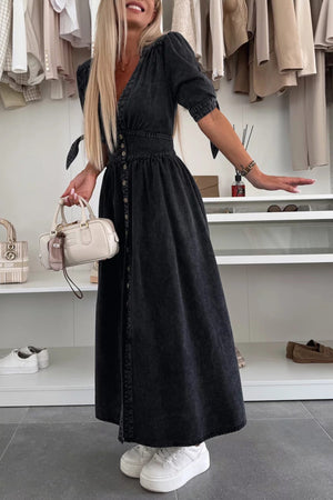 Arolora V-neck Single-breasted Denim Dress