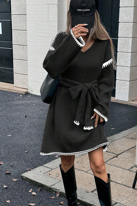 V-neck Tie-waist Loose Knitted Dress