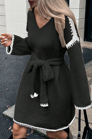 V-neck Tie-waist Loose Knitted Dress
