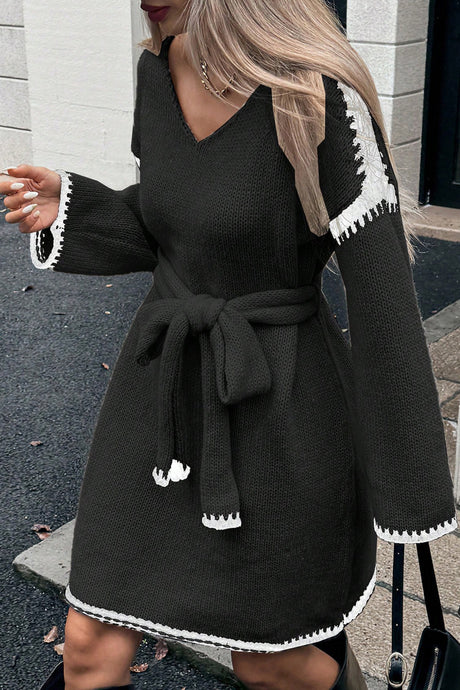 V-neck Tie-waist Loose Knitted Dress