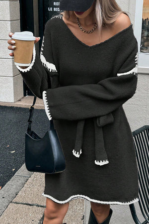 V-neck Tie-waist Loose Knitted Dress