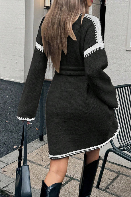 V-neck Tie-waist Loose Knitted Dress