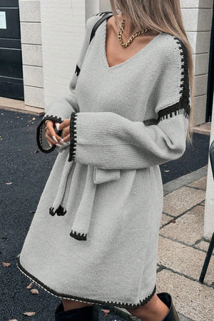 V-neck Tie-waist Loose Knitted Dress