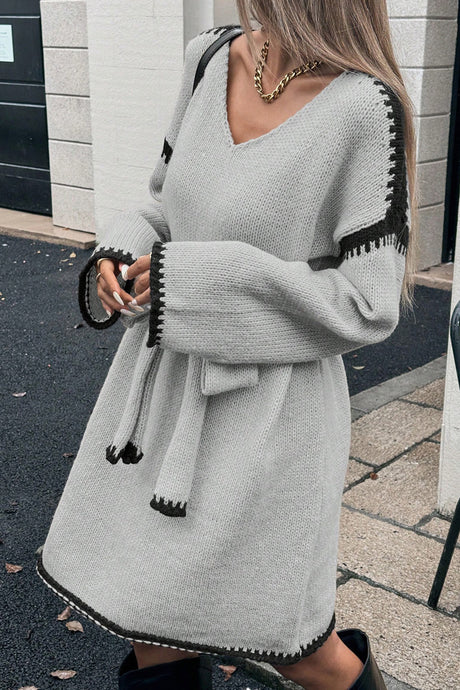 V-neck Tie-waist Loose Knitted Dress