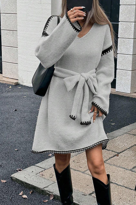 V-neck Tie-waist Loose Knitted Dress