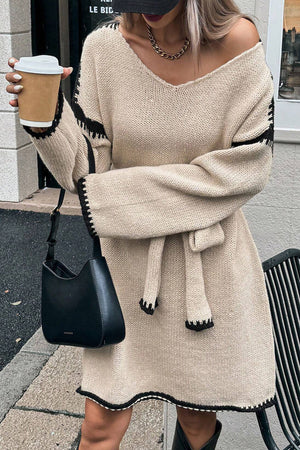 V-neck Tie-waist Loose Knitted Dress