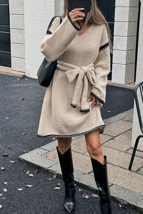 V-neck Tie-waist Loose Knitted Dress