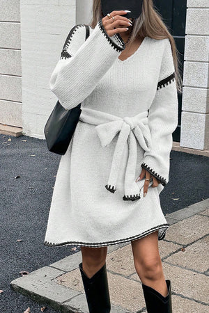 V-neck Tie-waist Loose Knitted Dress