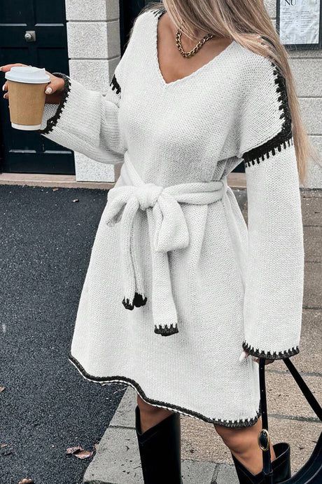 V-neck Tie-waist Loose Knitted Dress