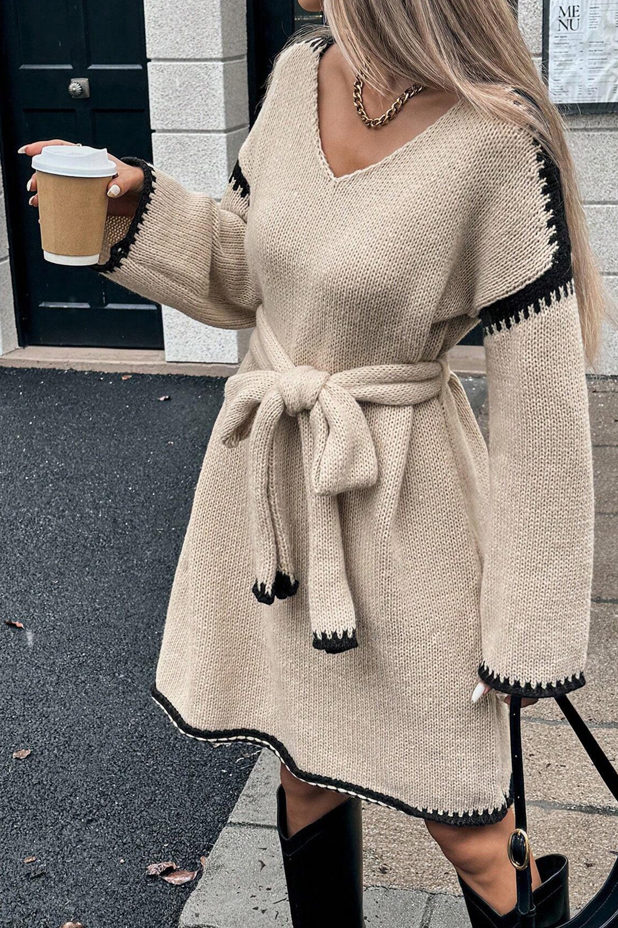 V-neck Tie-waist Loose Knitted Dress
