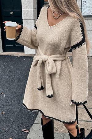V-neck Tie-waist Loose Knitted Dress
