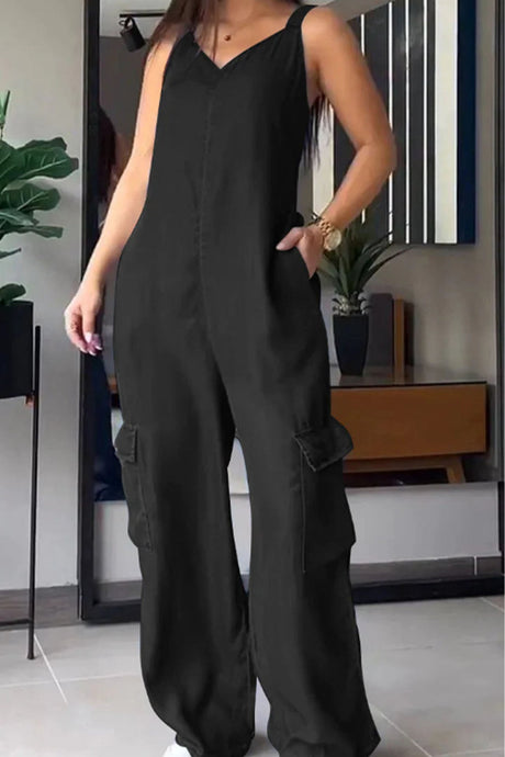 Arolora v-neck-back-smocking-pocket-jumpsuits