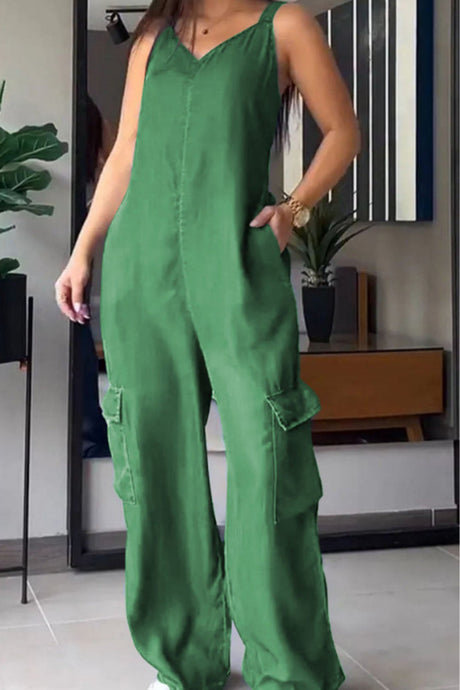 Arolora v-neck-back-smocking-pocket-jumpsuits