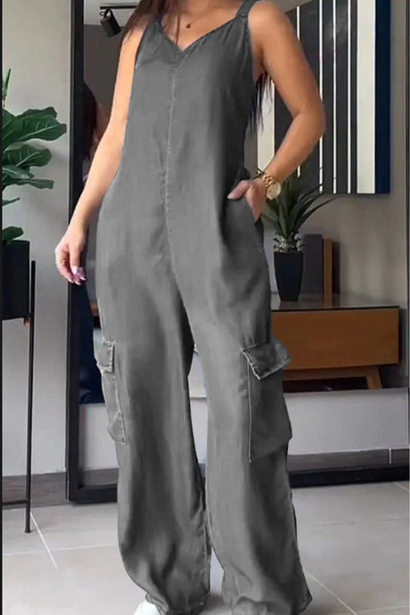 Arolora v-neck-back-smocking-pocket-jumpsuits