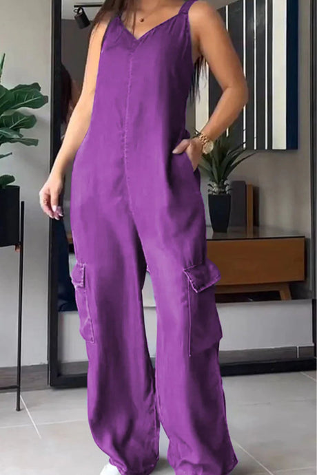 Arolora v-neck-back-smocking-pocket-jumpsuits
