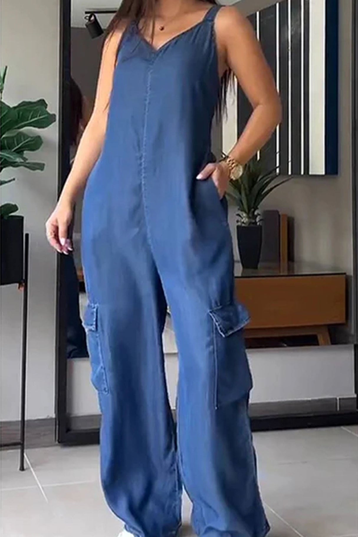Arolora v-neck-back-smocking-pocket-jumpsuits