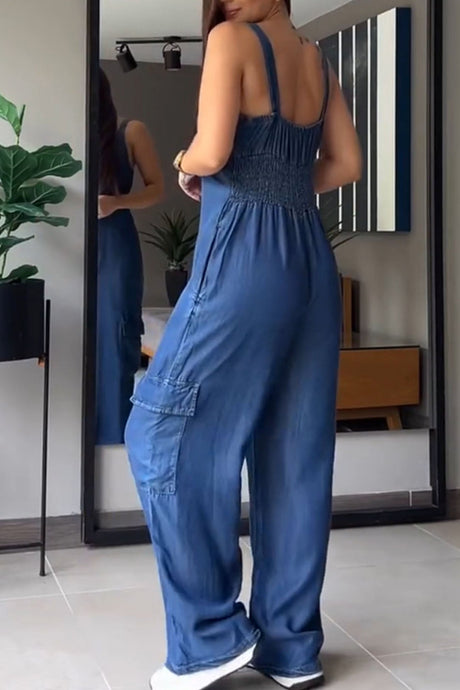 Arolora v-neck-back-smocking-pocket-jumpsuits