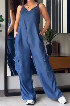 Arolora v-neck-back-smocking-pocket-jumpsuits