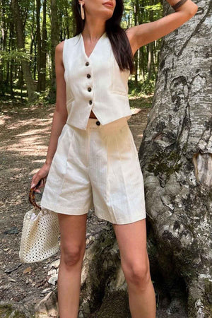 V Neck Button Front Vest Shorts Set
