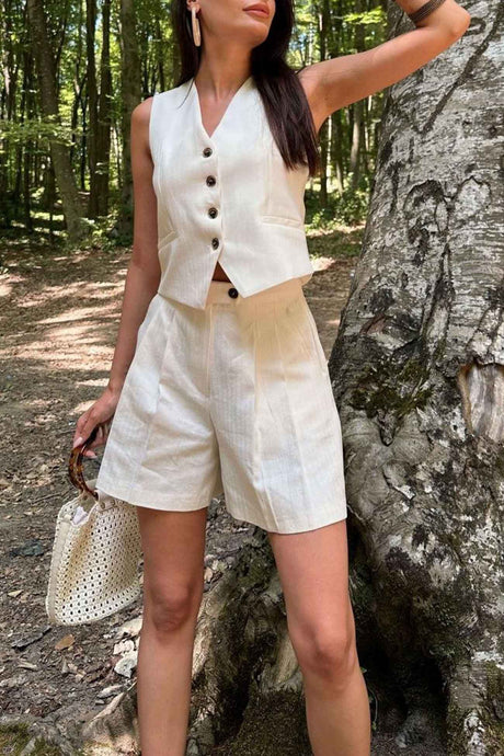 V Neck Button Front Vest Shorts Set