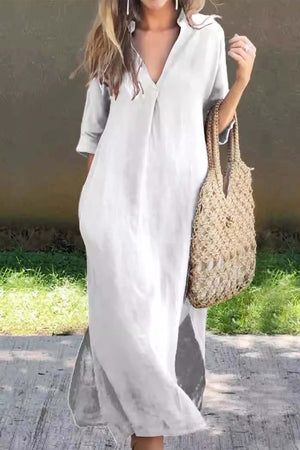 V Neck Half Sleeve Slit Midi Dress