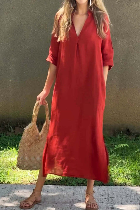 V Neck Half Sleeve Slit Midi Dress