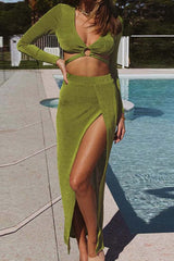 V Neck Ring Strappy Crop Top Slit Skirt Set