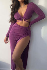 V Neck Ring Strappy Crop Top Slit Skirt Set