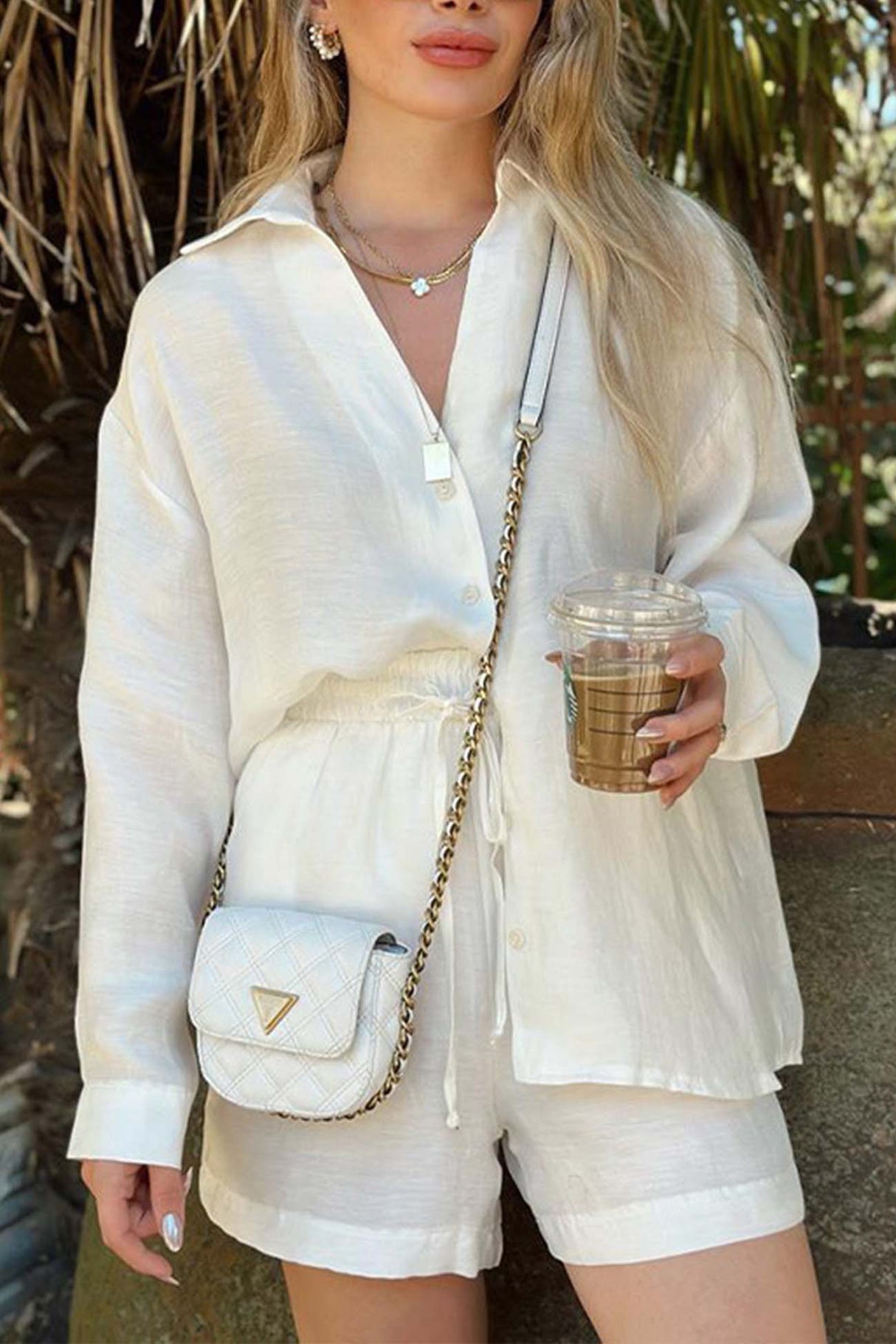Solid Color V Neck Shirt Drawstring Shorts Set