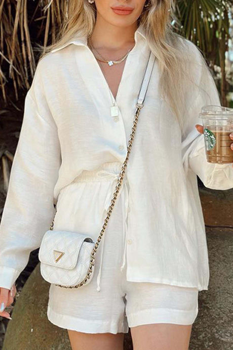 Solid Color V Neck Shirt Drawstring Shorts Set