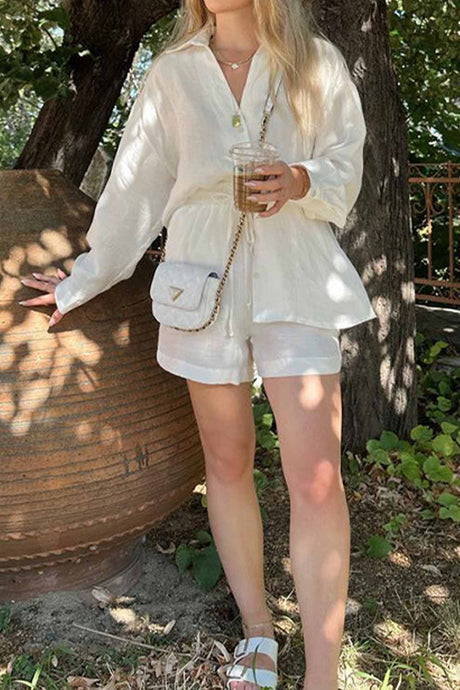 Solid Color V Neck Shirt Drawstring Shorts Set
