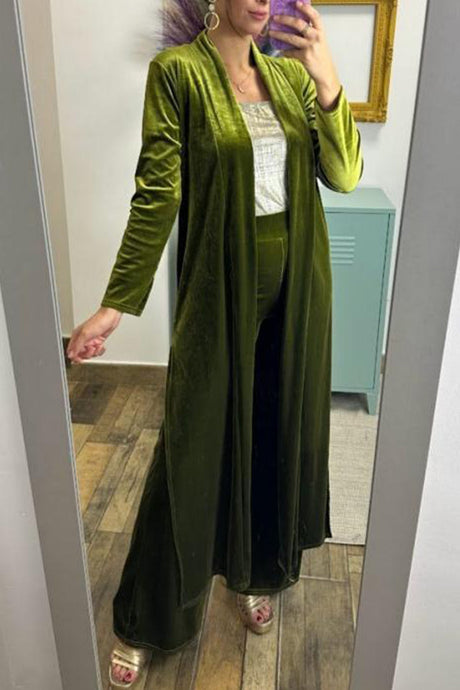 Velvet Slit Long Cardigan Two-piece Pants Suits