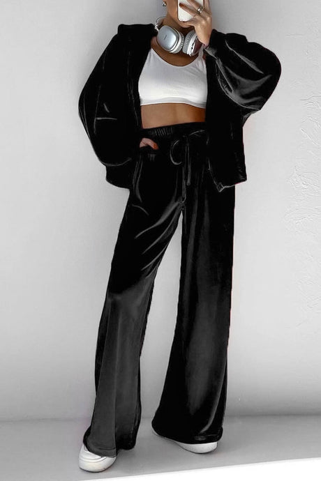 Arolora Velvet Hooded Zipper Pocket Two-Piece Set