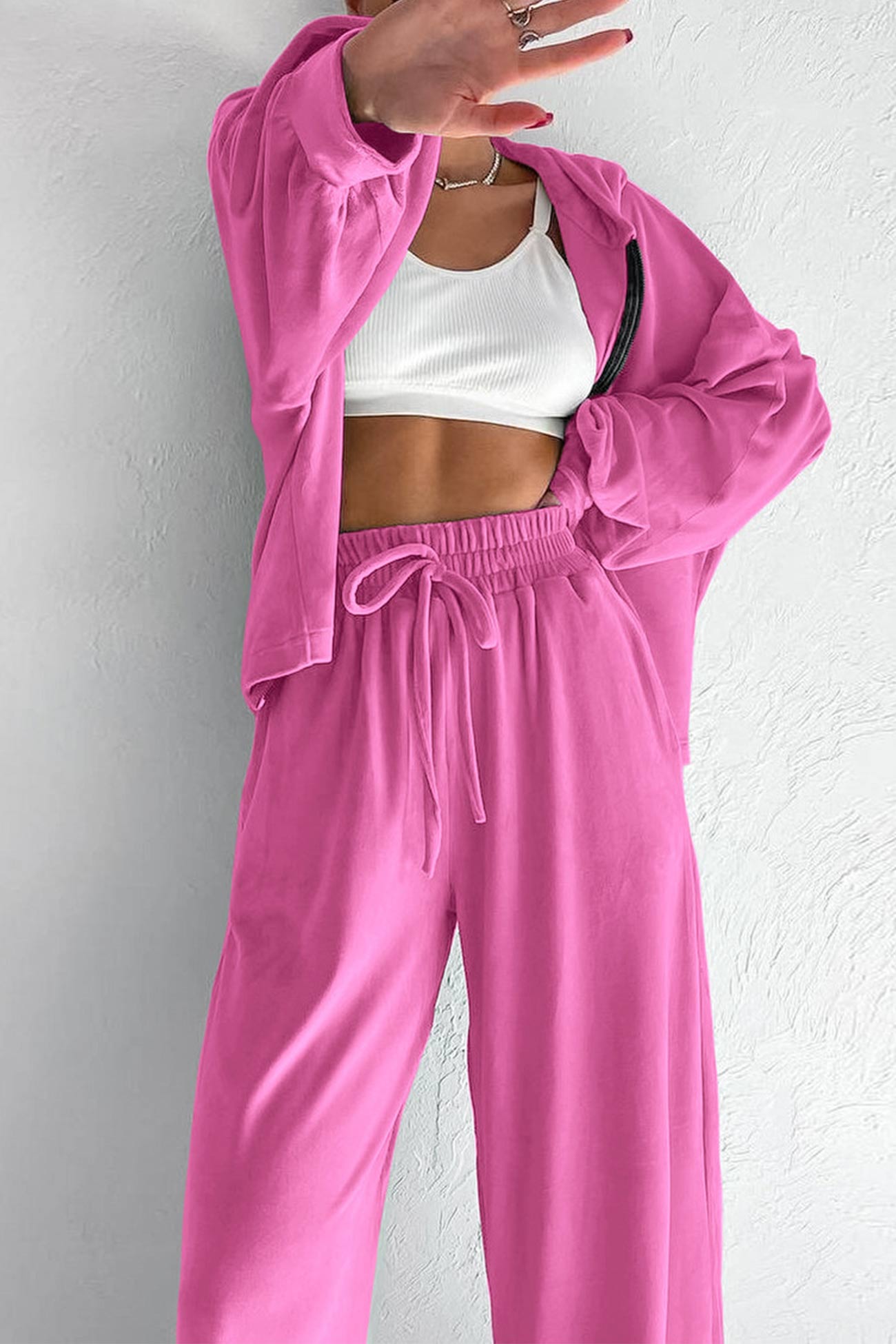 Arolora Velvet Hooded Zipper Pocket Two-Piece Set