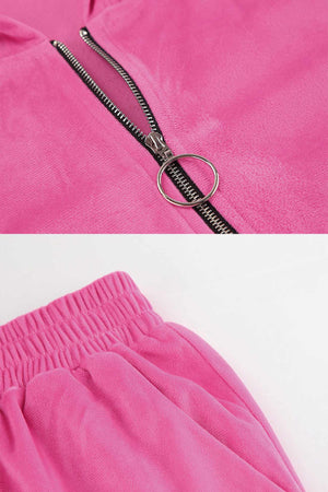 Arolora Velvet Hooded Zipper Pocket Two-Piece Set