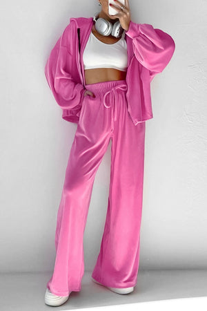 Arolora Velvet Hooded Zipper Pocket Two-Piece Set