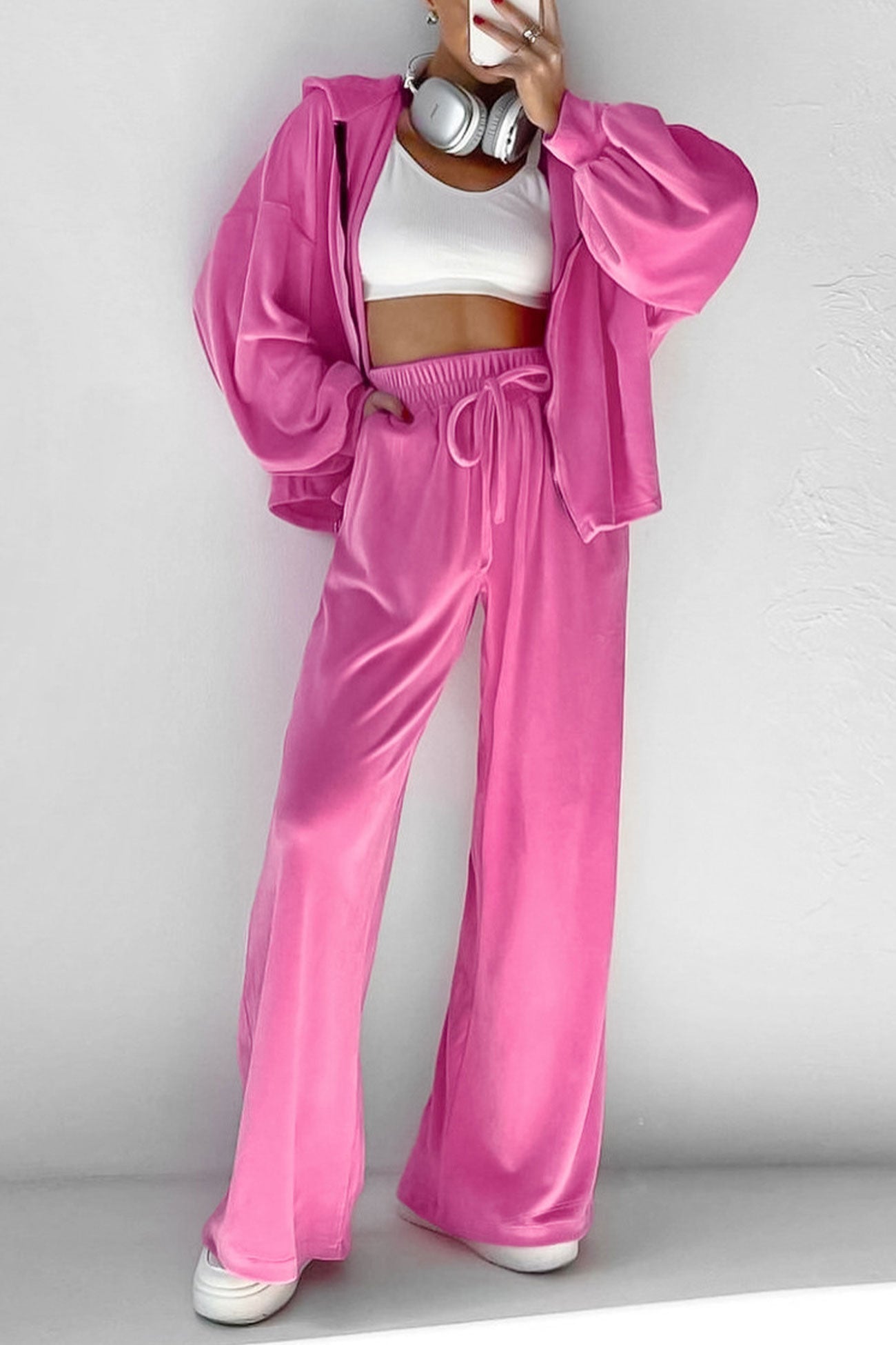 Arolora Velvet Hooded Zipper Pocket Two-Piece Set