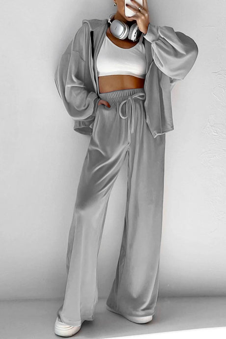 Arolora Velvet Hooded Zipper Pocket Two-Piece Set