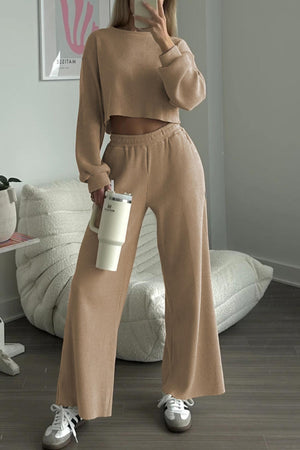 Waffle Solid Sweatshirt Long Pants Set