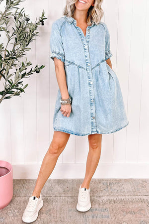 Wash Ruffled Single-breasted Denim Dress