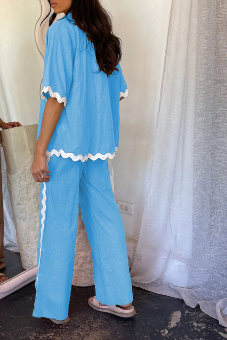 Arolora wavy-stitching-blouse-long-pants-set