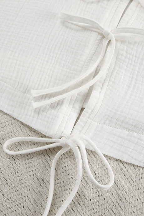 Arolora White Cotton Tie-up Shirt Long Pants Set