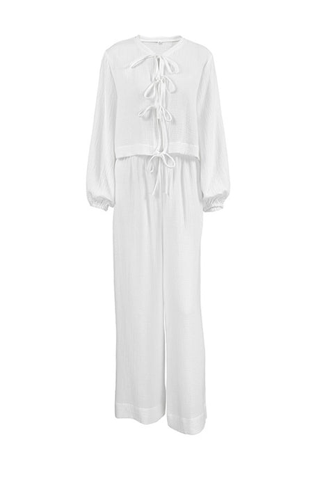 Arolora White Cotton Tie-up Shirt Long Pants Set