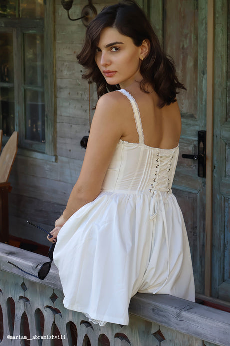 White Lace Stitching Strappy Ruched Cami Dress