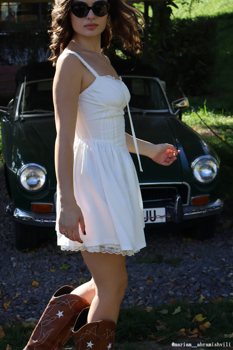 White Lace Stitching Strappy Ruched Cami Dress