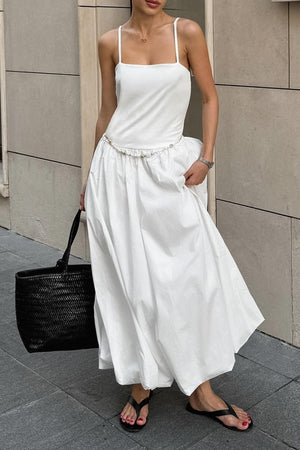 Arolora White Waisted Ballon Midi Dress