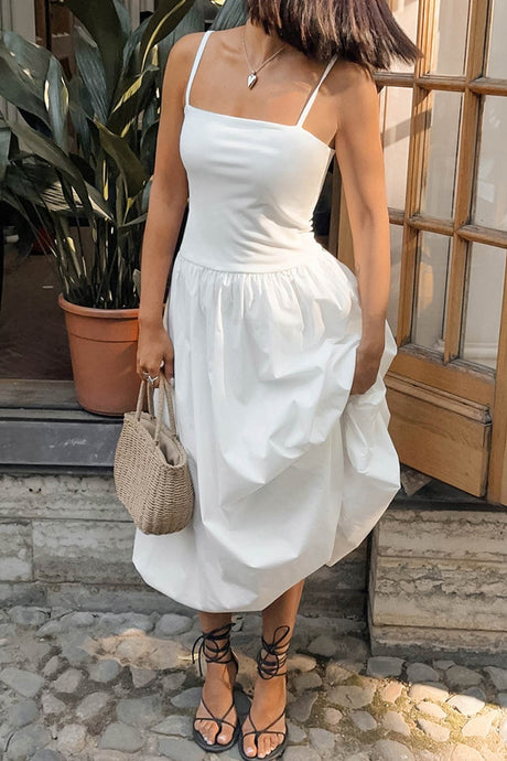 Arolora White Waisted Ballon Midi Dress