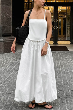 Arolora White Waisted Ballon Midi Dress